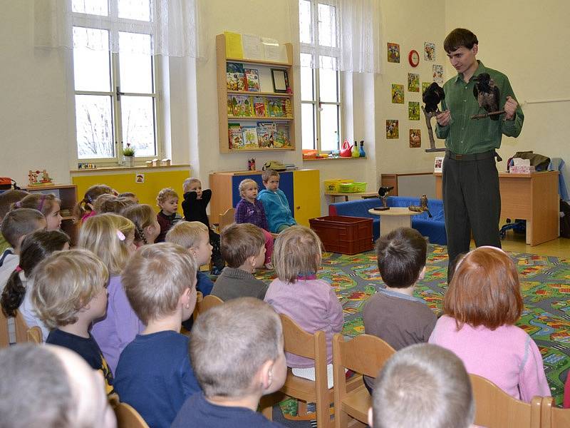 Více než čtyřicet párů dětských očí a uší sledovalo pozorně a napjatě  poutavé vyprávění myslivce Petra  Hrmy o ptácích, kteří žijí v blízkosti maršovické školky Slunečnice  a které mohou předškoláci při vycházkách zahlédnout nebo uslyšet.