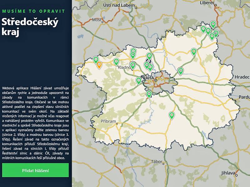 Webová aplikace Hlášení závad umožňuje občanům rychle a jednoduše upozornit na závady na komunikacích v rámci Středočeského kraje.