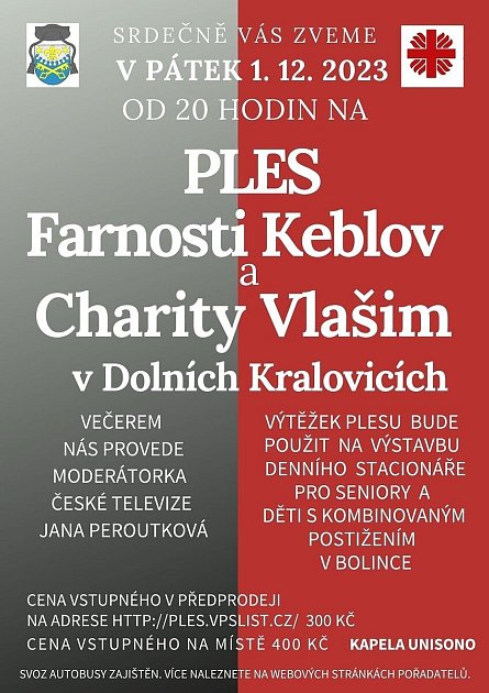 Pozvánka na ples Římskokatolické farnosti Keblov a Charity Vlašim v Dolních Kralovicích.