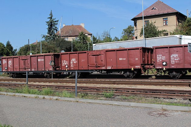 Nakládka dřeva na nádraží v Týnci nad Sázavou.