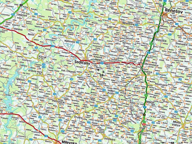 Mapy okruhů dohlednosti na čtyři větrné elektrárny v katastru Kosovy Hory a Jesenice u Sedlčan.