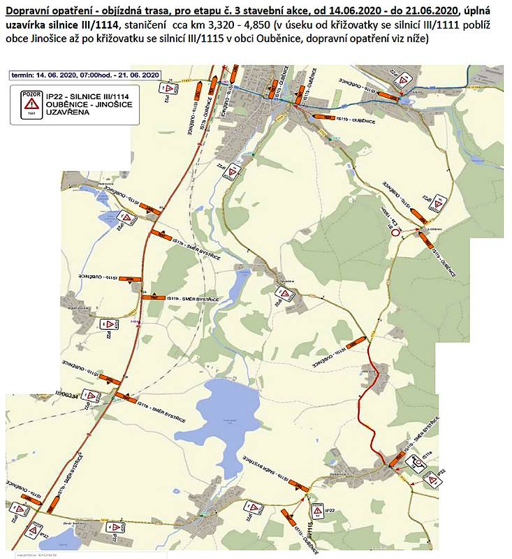 Plánek objízdné trasy vyznačené kvůli opravám silnice v Líšně a mezi Jinošicemi a Ouběnicemi.