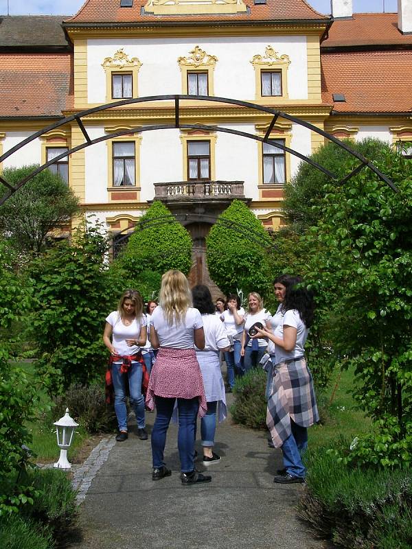 Ženy převážně z Ochotnického divadelního spolku z Postupic včetně juniorek tančily v zahradách Zámku Jemniště.