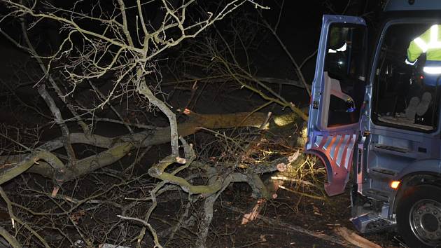 Ve Slaném v Ouvalově ulici spadl strom přímo před projíždějící kamion, který do něj následně naboural.
