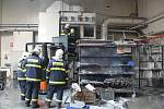 Požár odsavače prachu uvnitř výrobní haly Linetu v Želevčicích u Slaného.