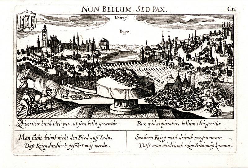 Eberhard Kieser (?) - Pohled na Prahu s alegoriemi války a míru (soukromá sbírka) - rok 1638, mědiryt.