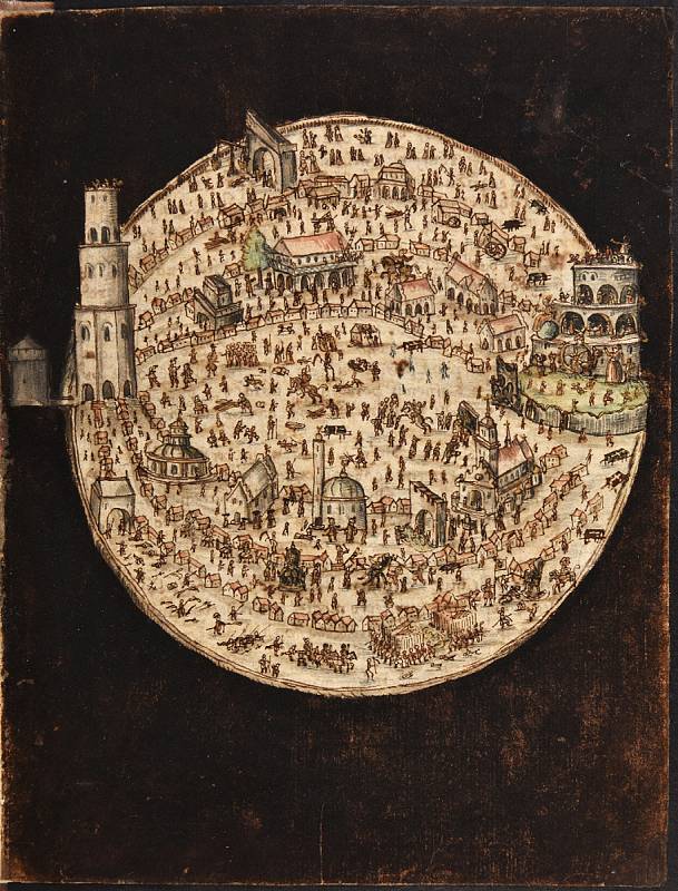 Jan Amos Komenský - Labyrint světa a Lusthauz srdce (Praha, Národní knihovna České republiky) - Město Labyrint, kolorovaná kresba rukopisu z roku 1623.
