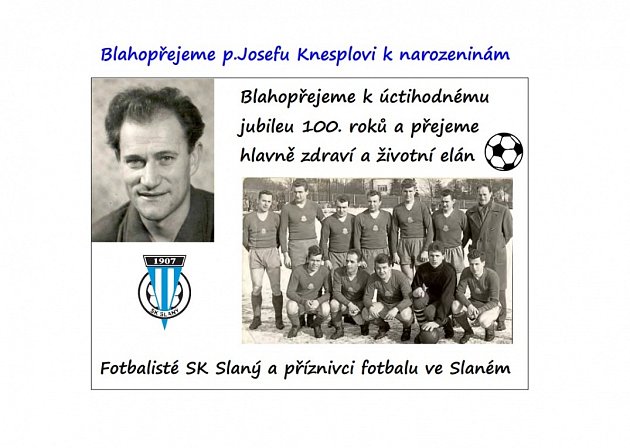 Blahopřání SK Slaný Josefu Knesplovi ke stým narozeninám