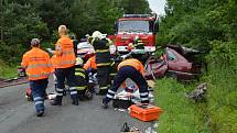 Nehoda mezi Novou Studnicí a Kačicí kde se střetly hasičský vůz a osobní auto.