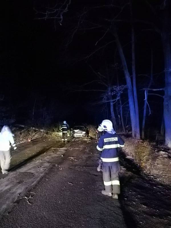 Zásah kladenských hasičů. Náraz osobního auta do stromu, který spadl na vozovku.