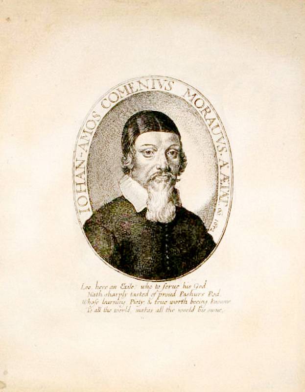 George Glover - Jan Amos Komenský, A Reformation of Scholees, ryto v Londýně v roce 1642 (Praha, Národní knihovna České republiky) – nejstarší známé a dochované vyobrazení Komenského.