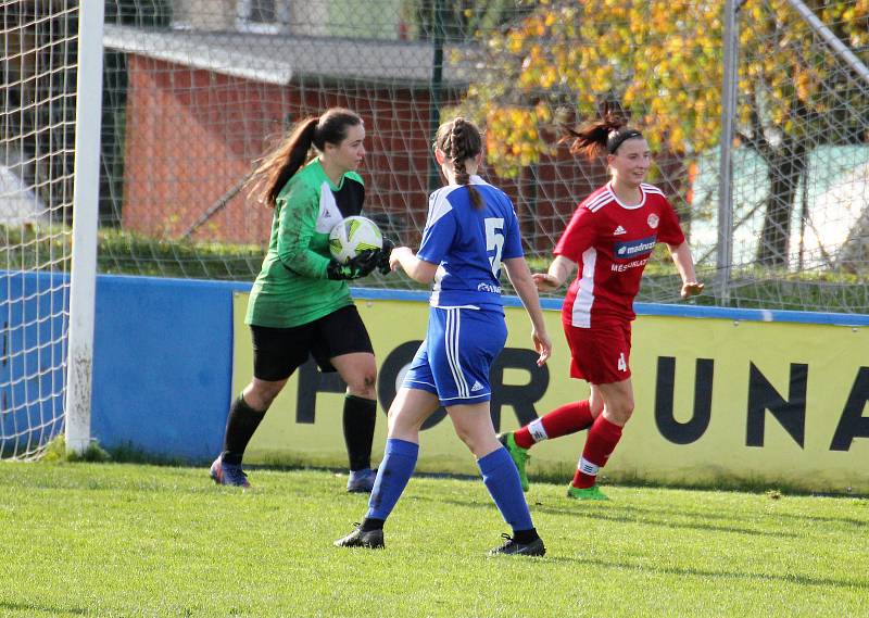 9. kolo divize žen, skupina C: SK Klatovy 1898 (na snímku fotbalistky v červených dresech) - TJ Jiskra Domažlice 1:1 (1:0).