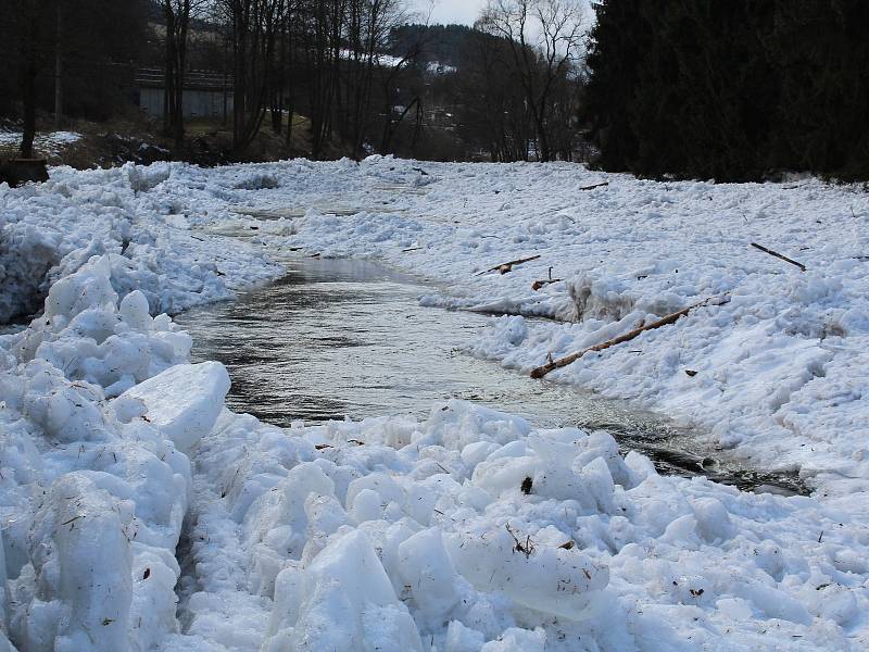 Kry a sníh v okolí řeky Otavy v Sušici.
