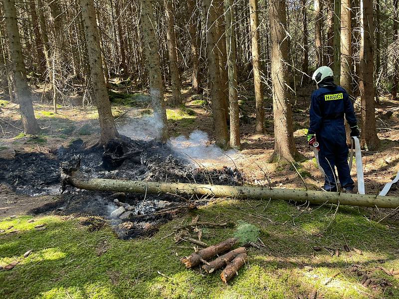 Hasiči likvidují požár u Prášilského jezera.