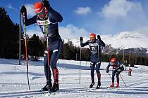 Běžci Bauer Ski Teamu v závodě družstev v Pontresině v prvním podniku Ski Classics 2017/2018. Zleva Jan Šrail, Ilia Chernousov a Lukáš Bauer.