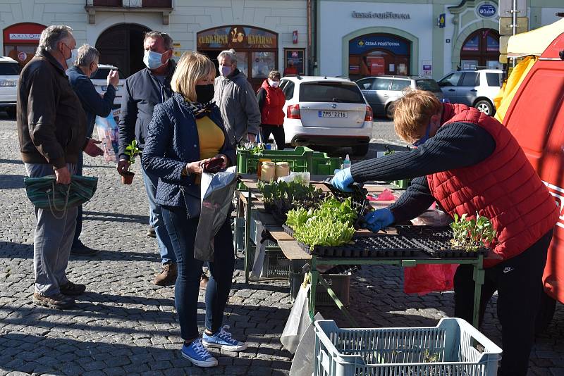 Farmářské trhy na klatovském náměstí lákaly, nakoupit si přišla řada zákazníků.