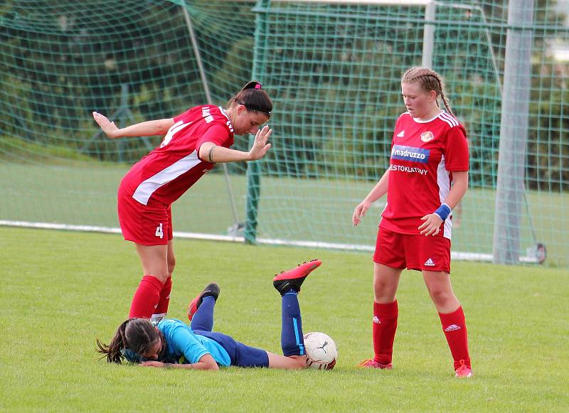 1. kolo divize C ženy: TJ Calofrig Borovany – SK Klatovy 1898 (na snímku fotbalistky v červených dresech) 2:7