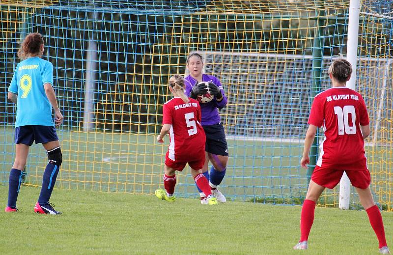 1. kolo divize C ženy: TJ Calofrig Borovany – SK Klatovy 1898 (na snímku fotbalistky v červených dresech) 2:7