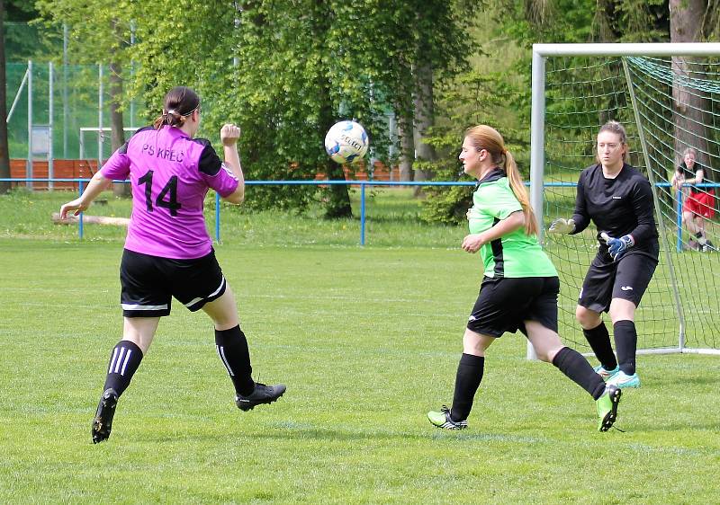 Letní DAFL 2023, 2. kolo: Sokolky Neznašovy (na snímku fotbalistky v zelených dresech) - Devils v Křeči 3:2.