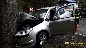 Havárie osobního auta do stromu nad Javornou.
