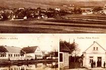 Dobová pohlednice obce Vřeskovice.  Celkový pohled na obec, partie s rybníkem a trafika Petra Mareše. 