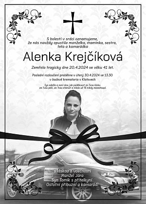 Rozloučení s tragicky zesnulou Alenou Krejčíkovou se koná v úterý 30. dubna v Klatovech.