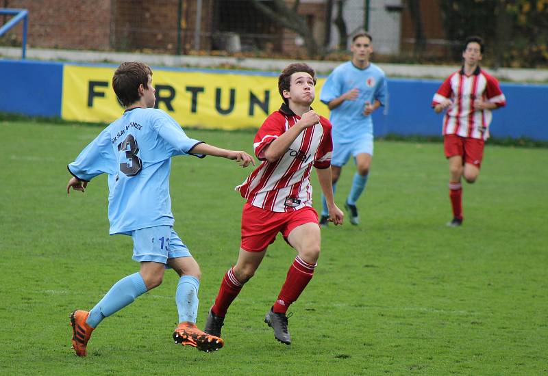 Fotbalisté SK Klatovy 1898 U17 (na archivním snímku hráči v červených dresech) rozcupovali Vejprnice (v modrém) vysoko 8:2. Pět branek vstřelil Adam Hošek.