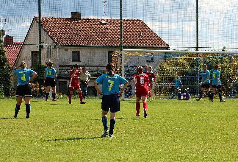 Na podzim fotbalistky SK Klatovy 1898 (červené dresy) porazily Borovany (modré dresy) 7:2. A uspěly i v nedělní odvetě, tentokrát 9:1.