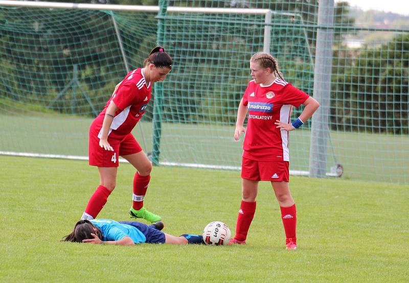 Na podzim fotbalistky SK Klatovy 1898 (červené dresy) porazily Borovany (modré dresy) 7:2. A uspěly i v nedělní odvetě, tentokrát 9:1.