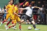 Nineteen-year-old footballer Daniel Hais pictured (in white jersey) during Saturday's preparatory match between České Budějovice and Dukla Prague (3:1).