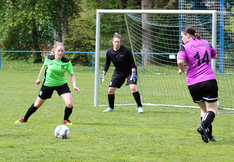 Letní DAFL 2023, 2. kolo: Sokolky Neznašovy (na snímku fotbalistky v zelených dresech) - Devils v Křeči 3:2.