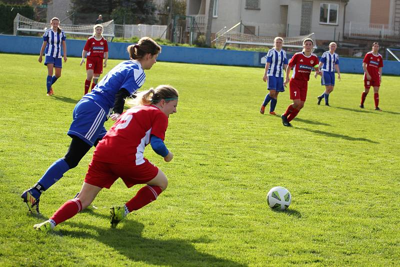 9. kolo divize žen, skupina C: SK Klatovy 1898 (na snímku fotbalistky v červených dresech) - TJ Jiskra Domažlice 1:1 (1:0).