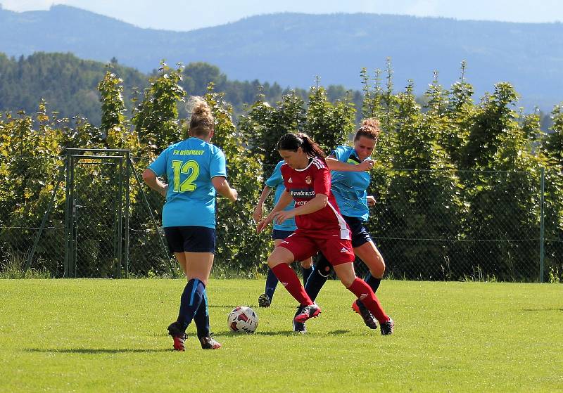 Na podzim fotbalistky SK Klatovy 1898 (červené dresy) porazily Borovany (modré dresy) 7:2. A uspěly i v nedělní odvetě, tentokrát 9:1.