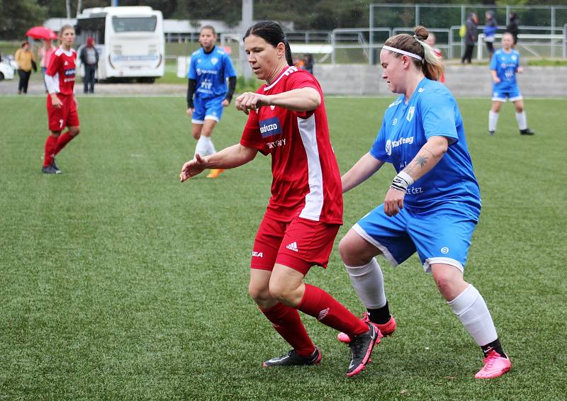 5. kolo České divize žen, skupina C: FC Táborsko – SK Klatovy 1898 (na snímku fotbalistky v červených dresech) 1:0 (1:0).