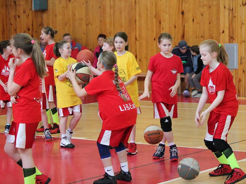 Nejmladší minižákyně U11 - kvalifikace o národní finále: BK Klatovy (bílé dresy) - BK Lokomotiva Karlovy Vary 58:14