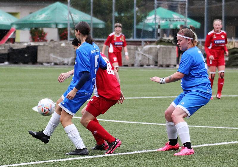 5. kolo České divize žen, skupina C: FC Táborsko – SK Klatovy 1898 (na snímku fotbalistky v červených dresech) 1:0 (1:0).