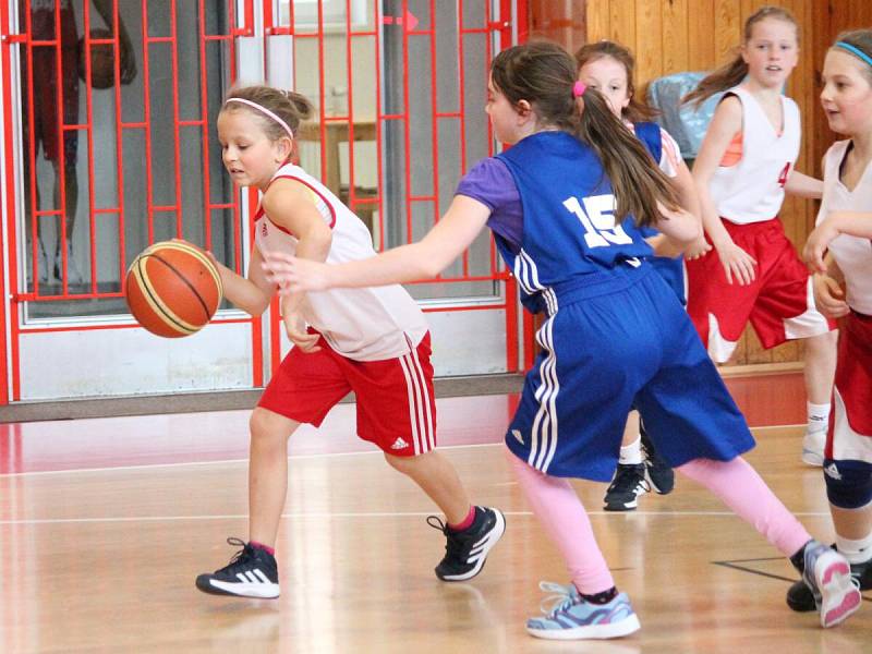 Nejmladší minižákyně U11 - kvalifikace o národní finále: BK Klatovy (bílé dresy) - BK Lokomotiva Karlovy Vary 58:14