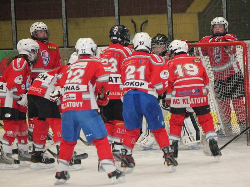 Liga mladších žáků: HC Klatovy (v červeném) - HC Lužnice 9:3. 