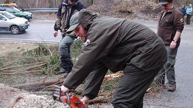 Do řezání stromů, které zneprůjezdnili silnice, se museli pustit i strážci Národního parku Šumava.