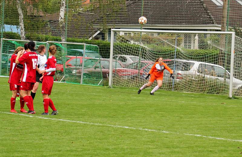 3. kolo České divize žen, skupina C: TJ Mokré - SK Klatovy 1898 (na snímku fotbalistky v červených dresech) 2:1 (1:0).