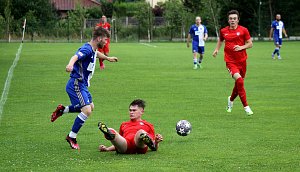 Letní příprava 2023: SK Rapid Psáry (modrobílí) - FC Háje Jižní Město (na snímku fotbalisté v červených dresech) 7:3.