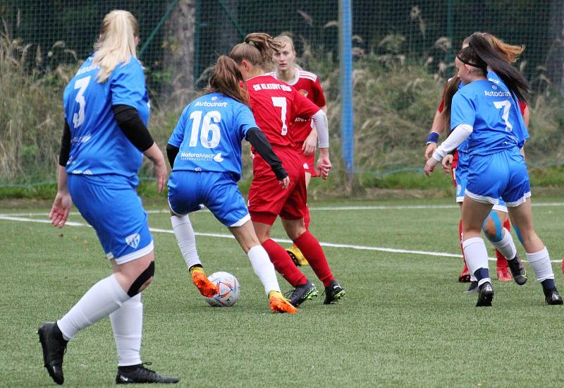 5. kolo České divize žen, skupina C: FC Táborsko – SK Klatovy 1898 (na snímku fotbalistky v červených dresech) 1:0 (1:0).