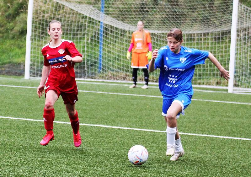 5. kolo České divize žen, skupina C: FC Táborsko – SK Klatovy 1898 (na snímku fotbalistky v červených dresech) 1:0 (1:0).