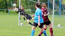 Letní DAFL 2023, 2. kolo: Andělky Chanovice - Topovky Řenče (na snímku fotbalistky v modrých dresech) 1:0 PK.