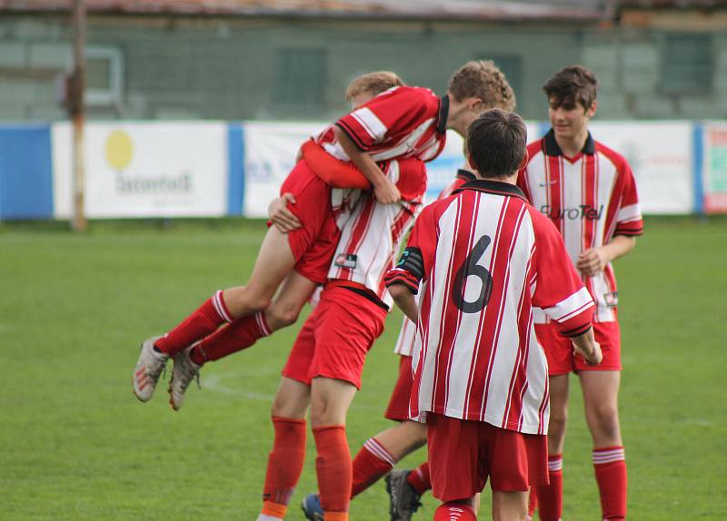 Fotbalisté SK Klatovy 1898 U17 (na archivním snímku hráči v červených dresech) rozcupovali Vejprnice (v modrém) vysoko 8:2. Pět branek vstřelil Adam Hošek.