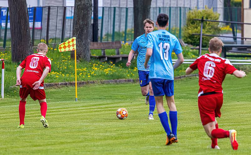 Fotbalisté TJ Sokol Mochtín (na archivním snímku hráči v modrých dresech) prohráli čtvrteční zápas 2. kola Poháru PKFS na půdě Horšovského Týna 6:8 po prodloužení.