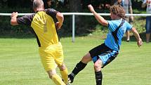 Fotbalisté Malého Boru (na archivním snímku hráči v modrých dresech) deklasovali na domácí půdě rezervu TJ Start Luby 6:2. Čtyři branky vstřelil Michael Forman.