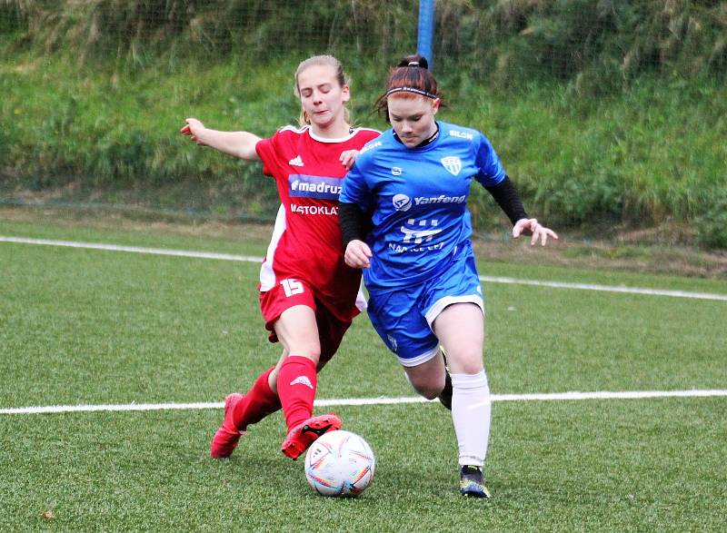 5. kolo České divize žen, skupina C: FC Táborsko – SK Klatovy 1898 (na snímku fotbalistky v červených dresech) 1:0 (1:0).