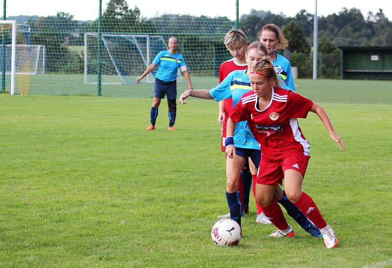 Na podzim fotbalistky SK Klatovy 1898 (červené dresy) porazily Borovany (modré dresy) 7:2. A uspěly i v nedělní odvetě, tentokrát 9:1.