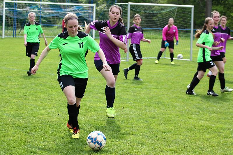 Letní DAFL 2023, 2. kolo: Sokolky Neznašovy (na snímku fotbalistky v zelených dresech) - Devils v Křeči 3:2.